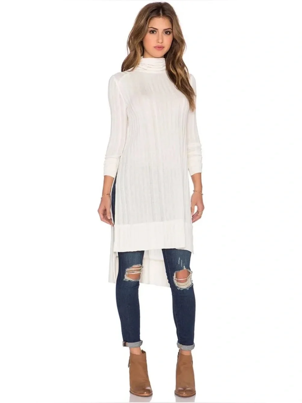 Free‎ People We the Free Espresso Ribbed Soft Pink Ribbed Turtleneck Dress Tunic